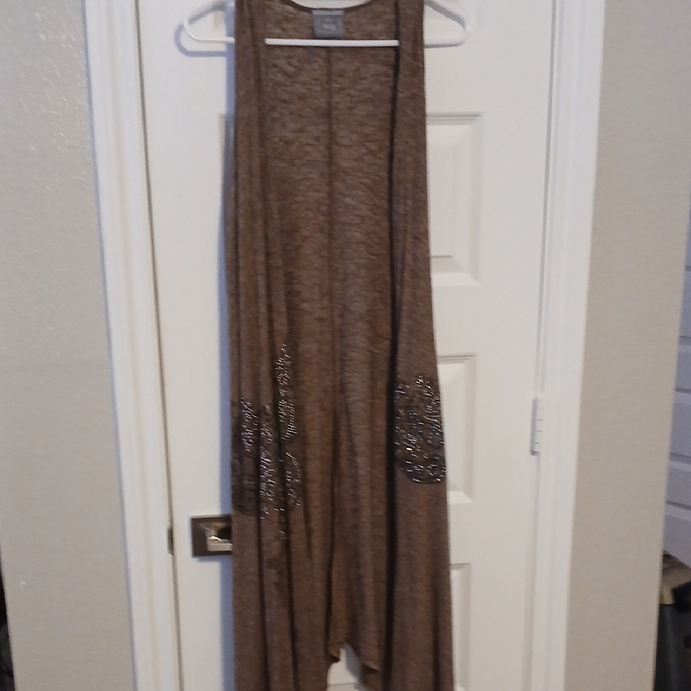 Vocal Brown Sleeveless Cardigan with Silver Accents